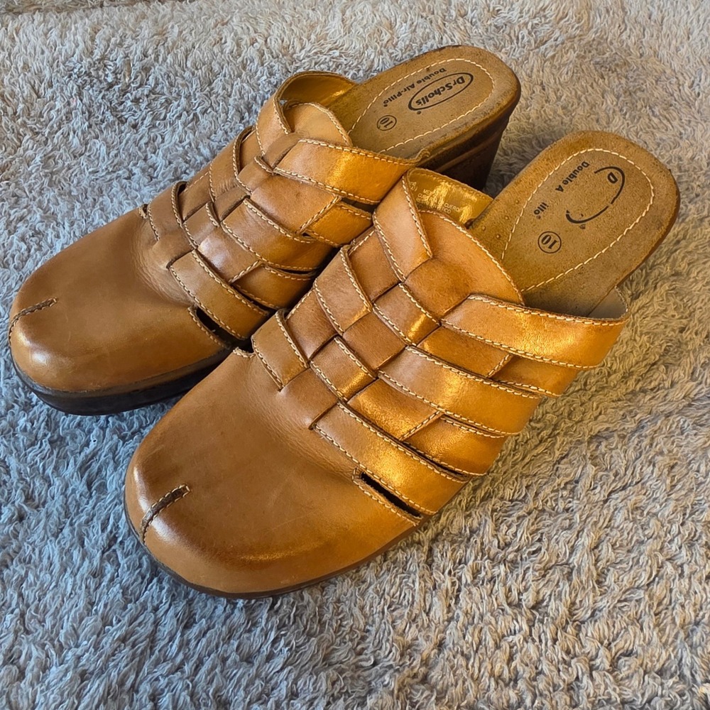 Dr Scholls Woven Leather‎ Clogs Mules Wedge Sandals Air Pillo Comfort Size 10
